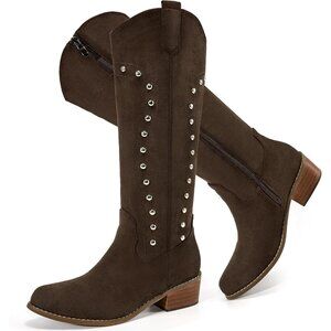 Women Coffee Suede Knee High Pointed Toe Chunky Heels  Cowgirl Winter Boots